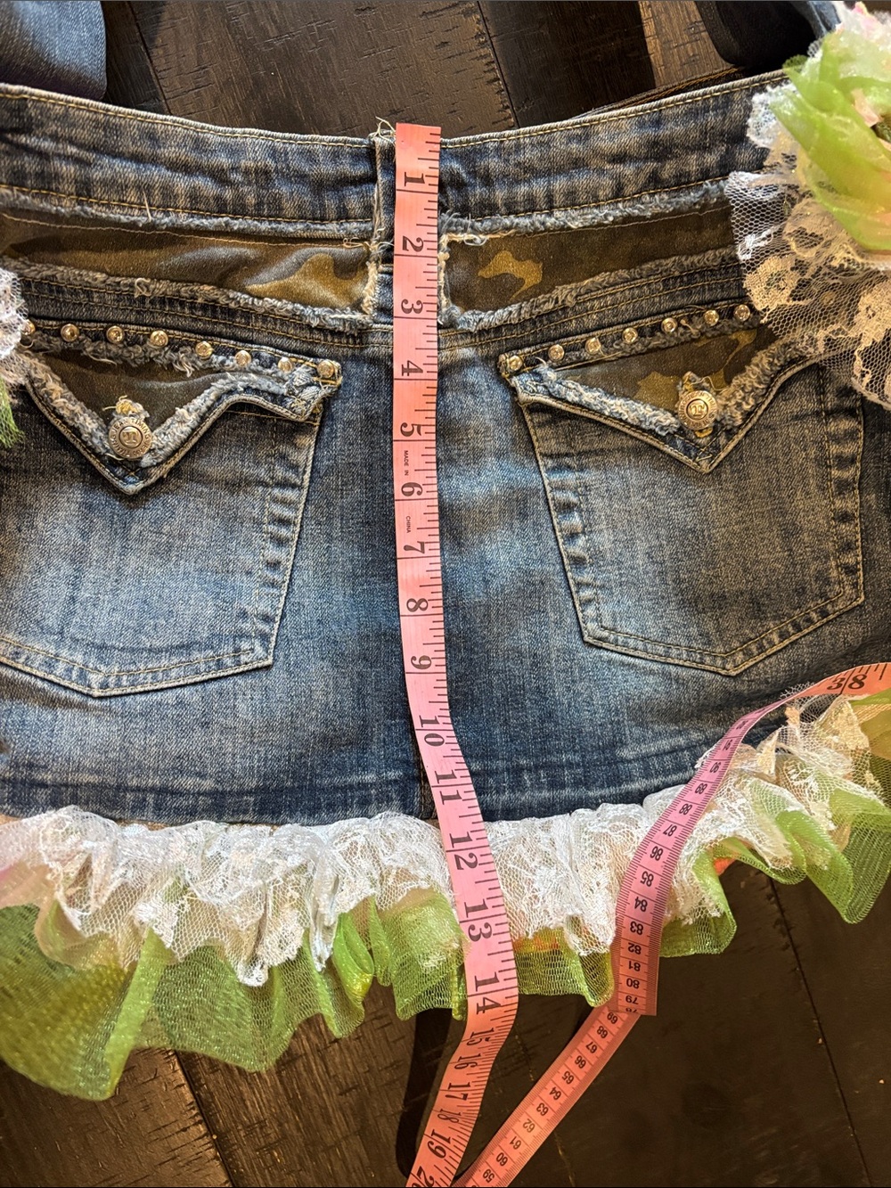Handcrafted One of a Kind Denim Tote Bag with Pink & Green Ruffle Trim Barbie - Picture 5 of 8